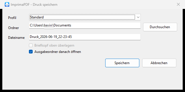 ImprimaPDF – Dialog „Druck speichern“ mit Profil, Zielordner und automatischem Token-Dateinamen