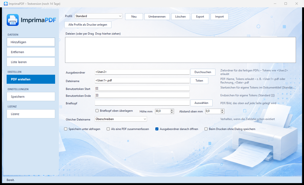 ImprimaPDF – Hauptfenster mit Dateiliste, Profil-Auswahl und Ausgabe-Optionen